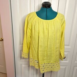 J. Crew Factory 100% Linen 3/4 Sleeve Crochet Pheasant Lace Round Neck Blouse